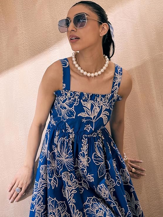 Women's Above the Knee Poplin Floral Ruffle Neck Smocked Skater Dress - Image 6