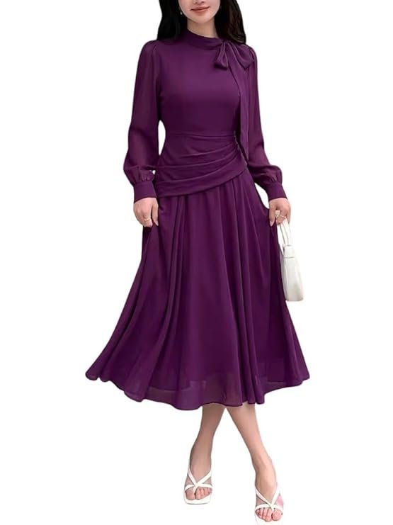 SMOWKLY Women Elegant Midi Dress | Long Sleeve Fit & Flare Dress Western Dress for Women | Office, Evening, Casual & Occasion Wear - Image 5