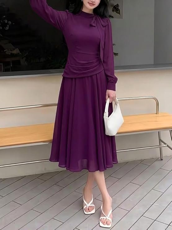 SMOWKLY Women Elegant Midi Dress | Long Sleeve Fit & Flare Dress Western Dress for Women | Office, Evening, Casual & Occasion Wear - Image 6