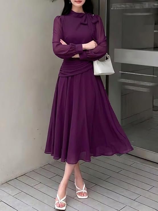 SMOWKLY Women Elegant Midi Dress | Long Sleeve Fit & Flare Dress Western Dress for Women | Office, Evening, Casual & Occasion Wear - Image 3