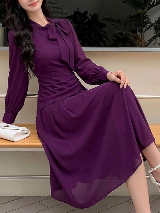 SMOWKLY Women Elegant Midi Dress | Long Sleeve Fit & Flare Dress Western Dress for Women | Office, Evening, Casual & Occasion Wear - Image 4
