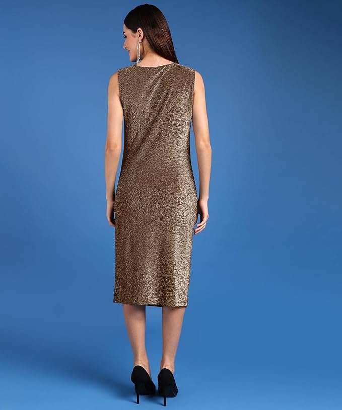 SAFFE Women's Casual Evening Shimmer Glittery Sleeveless Cowl Neck Textured Bodycon Knee Length Dresses - Image 5