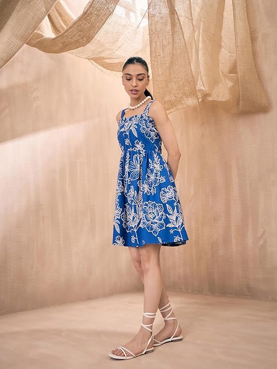 Women's Above the Knee Poplin Floral Ruffle Neck Smocked Skater Dress - Image 3