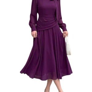 SMOWKLY Women Elegant Midi Dress | Long Sleeve Fit & Flare Dress Western Dress for Women | Office, Evening, Casual & Occasion Wear