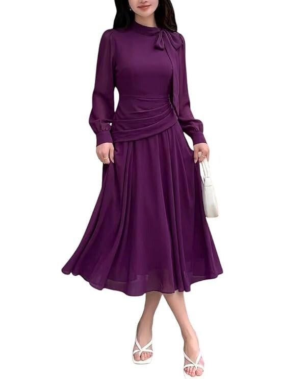 SMOWKLY Women Elegant Midi Dress | Long Sleeve Fit & Flare Dress Western Dress for Women | Office, Evening, Casual & Occasion Wear