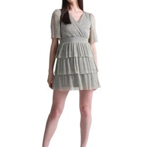 ONLY Women Smocked V- Neck Flared Sleeves Tiered Mini Sheen Wrap Dress