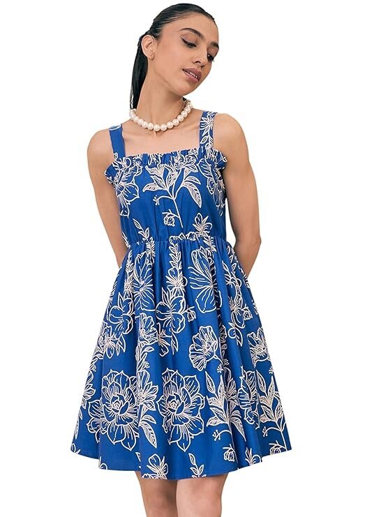 Women's Above the Knee Poplin Floral Ruffle Neck Smocked Skater Dress