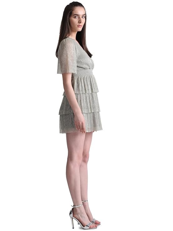 ONLY Women Smocked V- Neck Flared Sleeves Tiered Mini Sheen Wrap Dress - Image 3