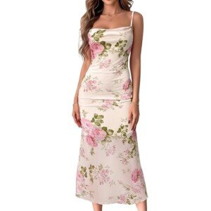 Womens Summer Dress 2026 Spring Mesh Sleeveless Bodycon Ruched Floral Holiday Maxi Long Dresses