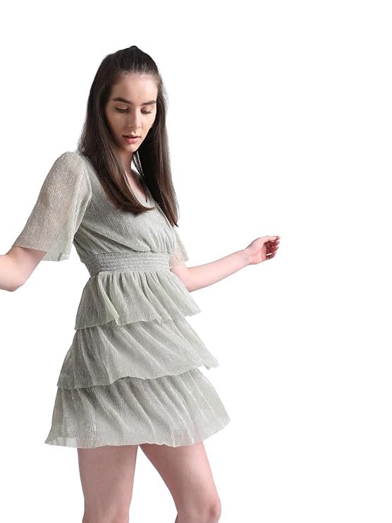 ONLY Women Smocked V- Neck Flared Sleeves Tiered Mini Sheen Wrap Dress - Image 5