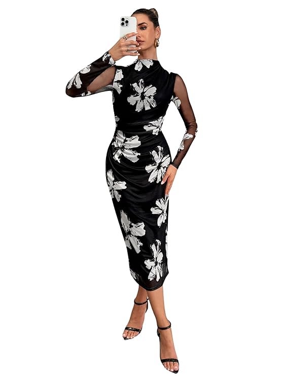 Women's Summer Mesh Sheer Long Sleeve Midi Ruched Bodycon Dress Mock Neck Elegant Evening Party Cocktail Dresses - Image 8