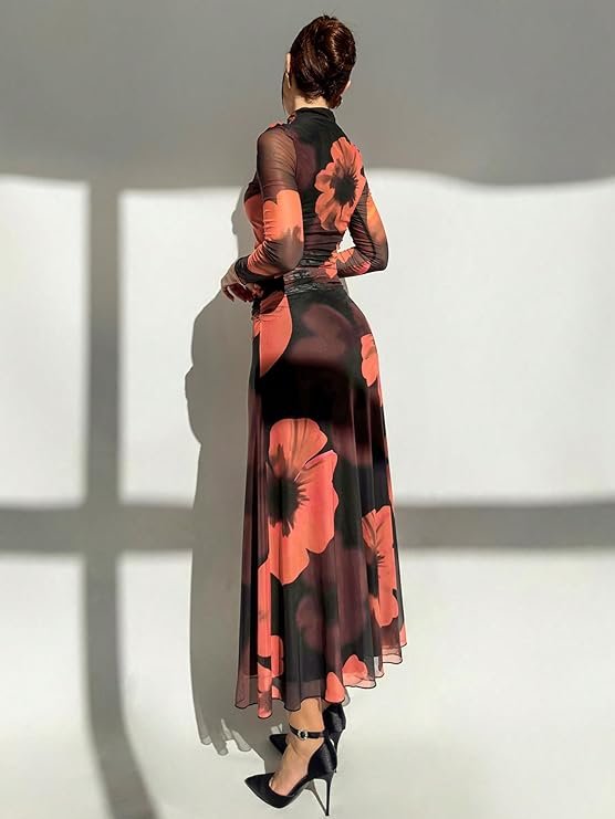 Women's Bodycon Maxi Dress Fall Spring Fashion Long Sleeve Floral Print Tight Fitted Party Club Ruched Dresses 3.5 3.5 out of 5 stars (9) - Image 8
