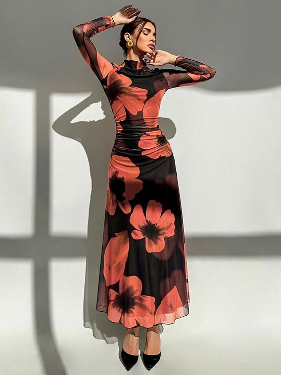 Women's Bodycon Maxi Dress Fall Spring Fashion Long Sleeve Floral Print Tight Fitted Party Club Ruched Dresses 3.5 3.5 out of 5 stars (9) - Image 5