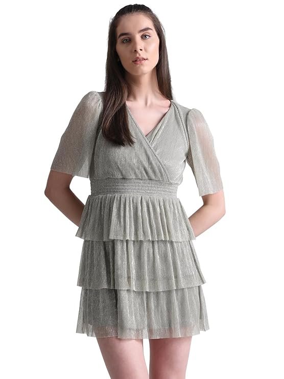 ONLY Women Smocked V- Neck Flared Sleeves Tiered Mini Sheen Wrap Dress - Image 6