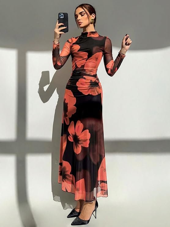 Women's Bodycon Maxi Dress Fall Spring Fashion Long Sleeve Floral Print Tight Fitted Party Club Ruched Dresses 3.5 3.5 out of 5 stars (9) - Image 2