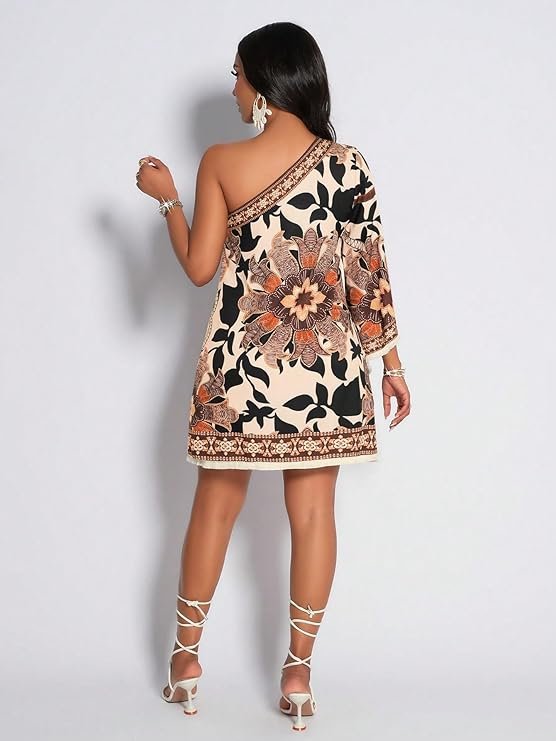KATECLO Women’s One-Shoulder Boho Mini Dress – Asymmetrical Sleeve Floral Print Summer Shift Dress with Border Trim - Image 3