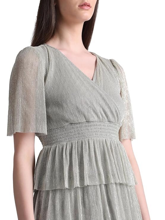 ONLY Women Smocked V- Neck Flared Sleeves Tiered Mini Sheen Wrap Dress - Image 2