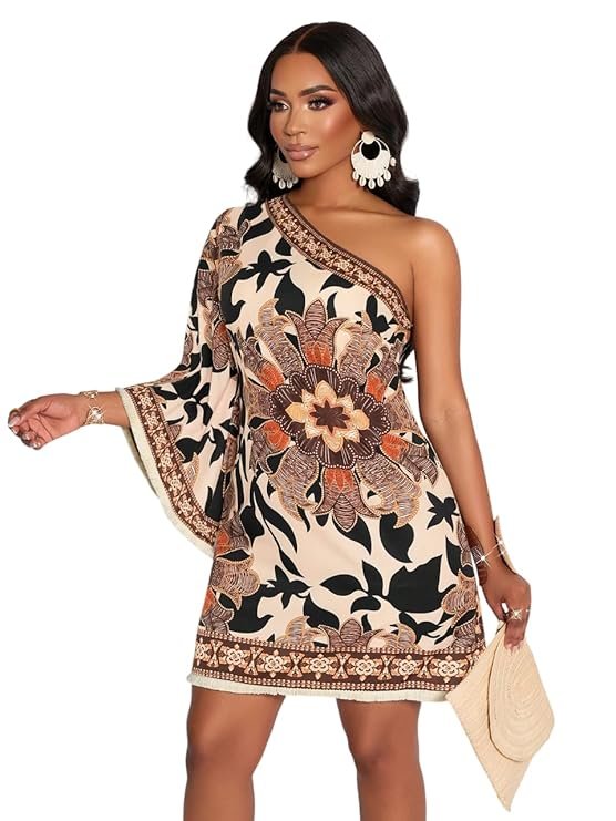 KATECLO Women’s One-Shoulder Boho Mini Dress – Asymmetrical Sleeve Floral Print Summer Shift Dress with Border Trim - Image 5