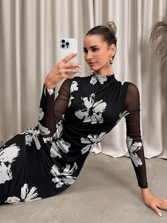 Women's Summer Mesh Sheer Long Sleeve Midi Ruched Bodycon Dress Mock Neck Elegant Evening Party Cocktail Dresses - Image 7