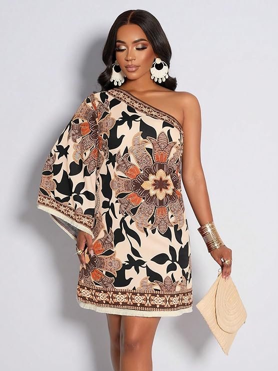 KATECLO Women’s One-Shoulder Boho Mini Dress – Asymmetrical Sleeve Floral Print Summer Shift Dress with Border Trim - Image 6