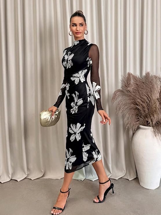 Women's Summer Mesh Sheer Long Sleeve Midi Ruched Bodycon Dress Mock Neck Elegant Evening Party Cocktail Dresses - Image 4