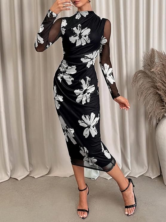 Women's Summer Mesh Sheer Long Sleeve Midi Ruched Bodycon Dress Mock Neck Elegant Evening Party Cocktail Dresses - Image 6