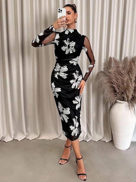 Women's Summer Mesh Sheer Long Sleeve Midi Ruched Bodycon Dress Mock Neck Elegant Evening Party Cocktail Dresses - Image 3