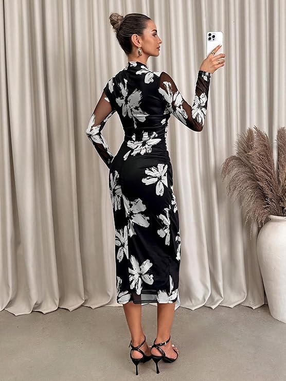 Women's Summer Mesh Sheer Long Sleeve Midi Ruched Bodycon Dress Mock Neck Elegant Evening Party Cocktail Dresses - Image 5
