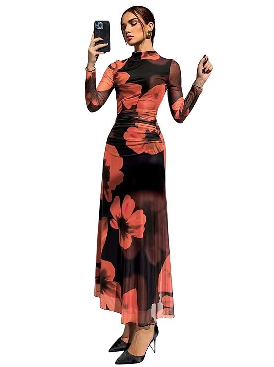 Women's Bodycon Maxi Dress Fall Spring Fashion Long Sleeve Floral Print Tight Fitted Party Club Ruched Dresses 3.5 3.5 out of 5 stars (9)