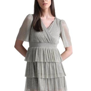 ONLY Women Smocked V- Neck Flared Sleeves Tiered Mini Sheen Wrap Dress