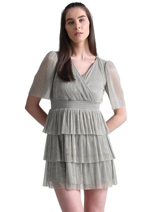 ONLY Women Smocked V- Neck Flared Sleeves Tiered Mini Sheen Wrap Dress