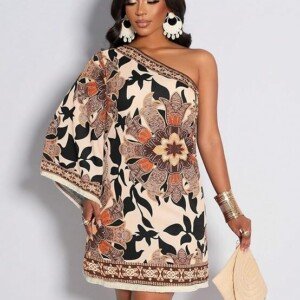 KATECLO Women’s One-Shoulder Boho Mini Dress – Asymmetrical Sleeve Floral Print Summer Shift Dress with Border Trim