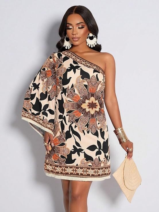 KATECLO Women’s One-Shoulder Boho Mini Dress – Asymmetrical Sleeve Floral Print Summer Shift Dress with Border Trim