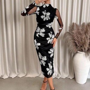 Women's Summer Mesh Sheer Long Sleeve Midi Ruched Bodycon Dress Mock Neck Elegant Evening Party Cocktail Dresses