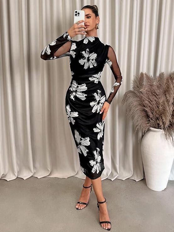 Women's Summer Mesh Sheer Long Sleeve Midi Ruched Bodycon Dress Mock Neck Elegant Evening Party Cocktail Dresses